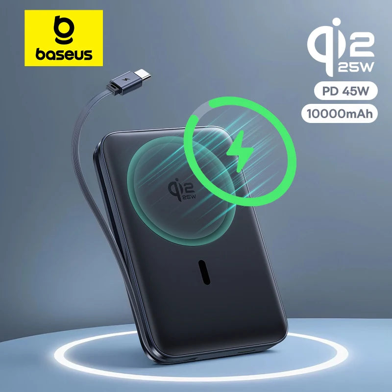 Baseus 10000mAh 45W Power Bank For Qi2.2 25W MagSafe Magnetic Wireless Charging Built-In USB-C Cable For iPhone 17 Samsung S25