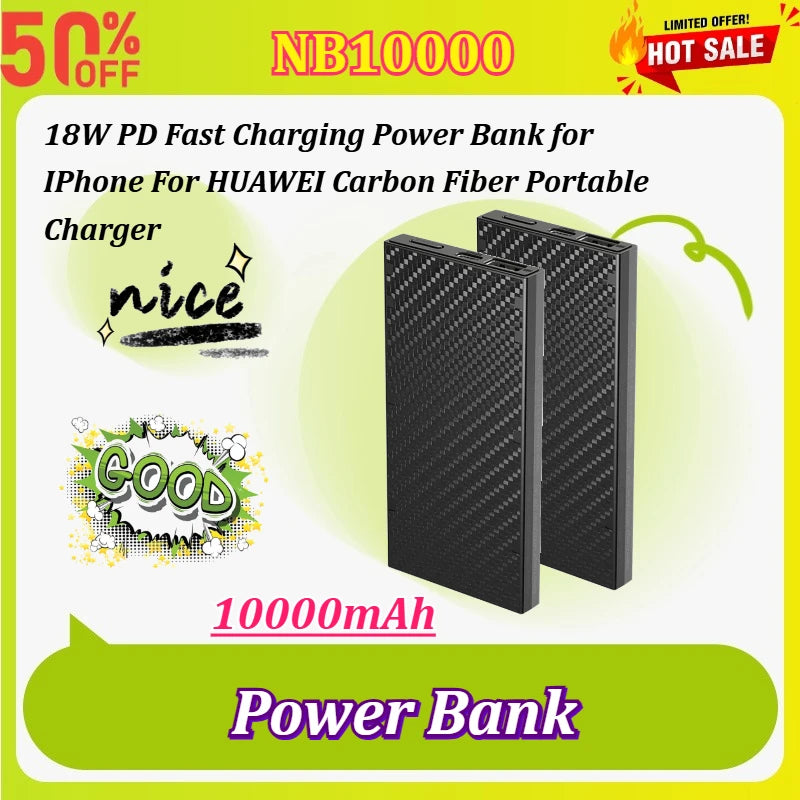 NB10000 GEN2 10000mAh Ultra Lightweight 18W PD Fast Charging Power Bank for IPhone for HUAWEI Carbon Fiber Portable Charger