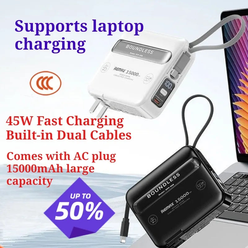 45W 15000mAh Fast Charging Power Bank with Built-in Cable Plug Compatible with Laptops 3C Certified