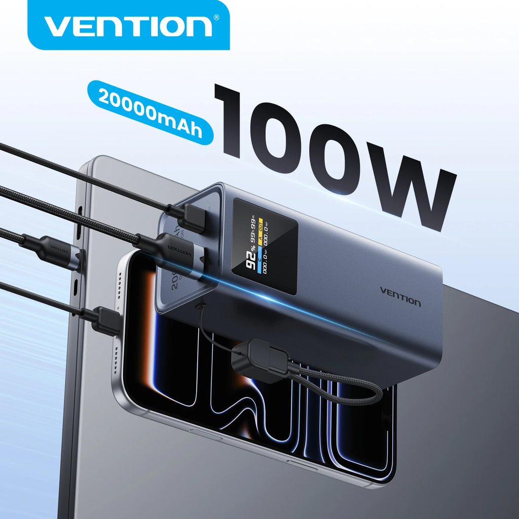 Vention 100W 20000mAh Power Bank PD External Battery PowerBank for iPhone 17 Fast Charging With USB-C Cable TFT Digital Display