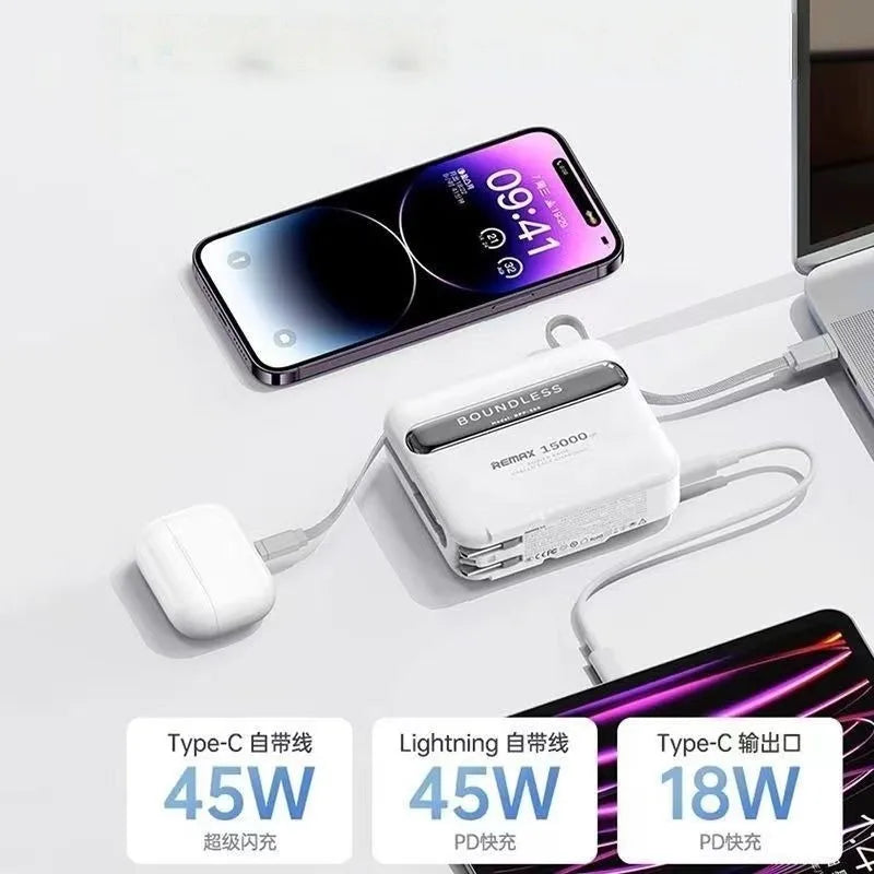45W 15000mAh Fast Charging Power Bank with Built-in Cable Plug Compatible with Laptops 3C Certified