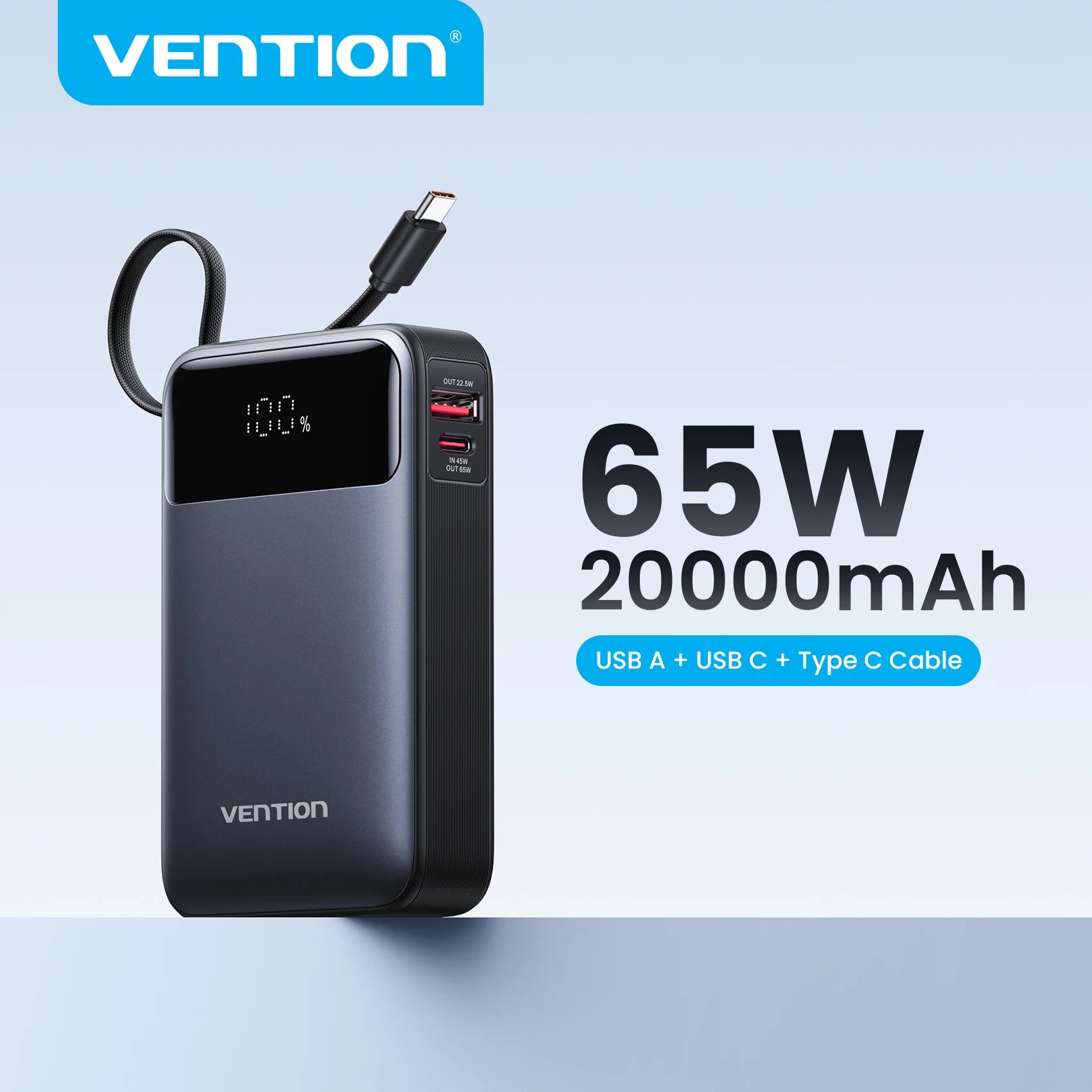 Vention Power Bank 20000mAh Portable PD 65W Fast Charging Built-in Type-C Cable External Battery Powerbank For iPhone 17 Laptop