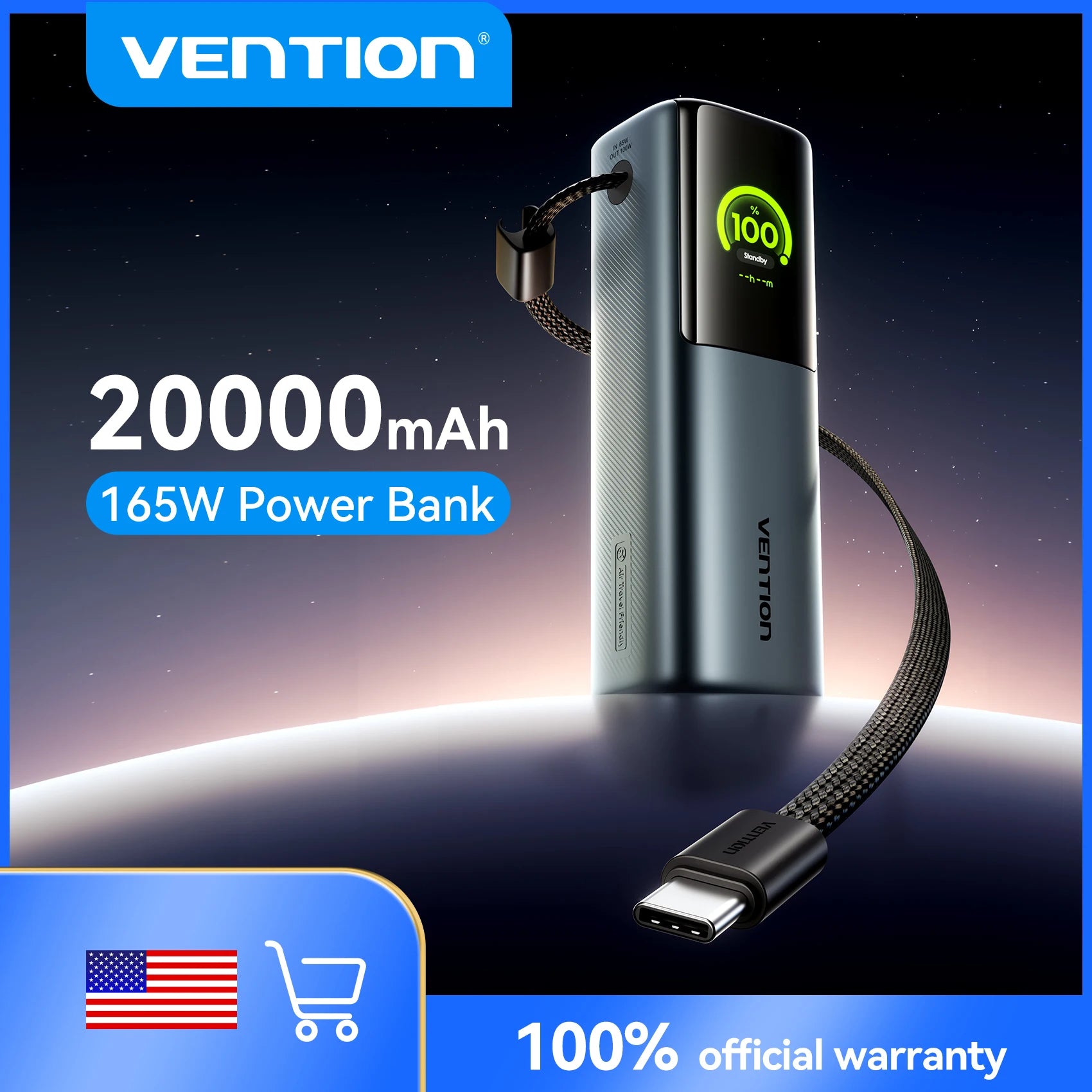 (Ship From US) Vention 165W Power Bank 20000mAh PD3.0 100W Max Fast Charging For Laptop Fast Charging for iPhone 17 Samsung S25