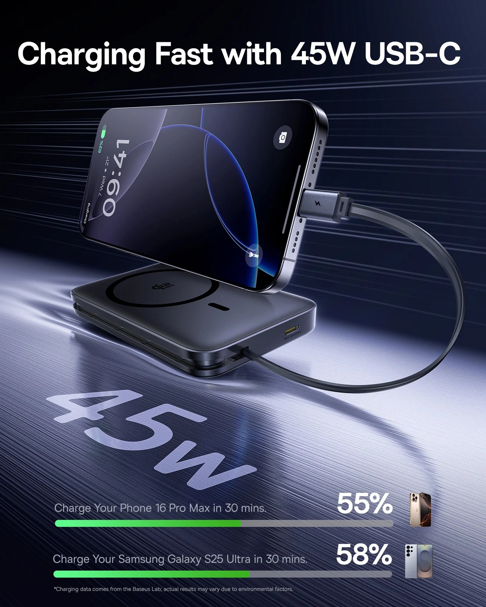 Baseus 10000mAh 45W Power Bank For Qi2.2 25W MagSafe Magnetic Wireless Charging Built-In USB-C Cable For iPhone 17 Samsung S25